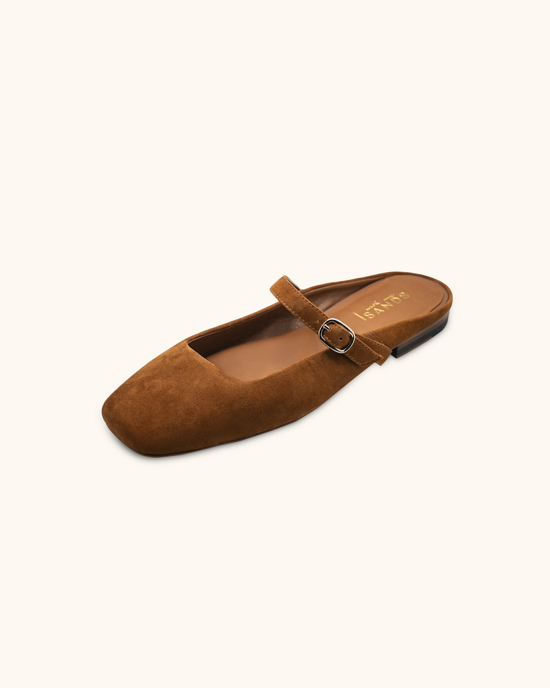 camel tan print ballerina mule shoe